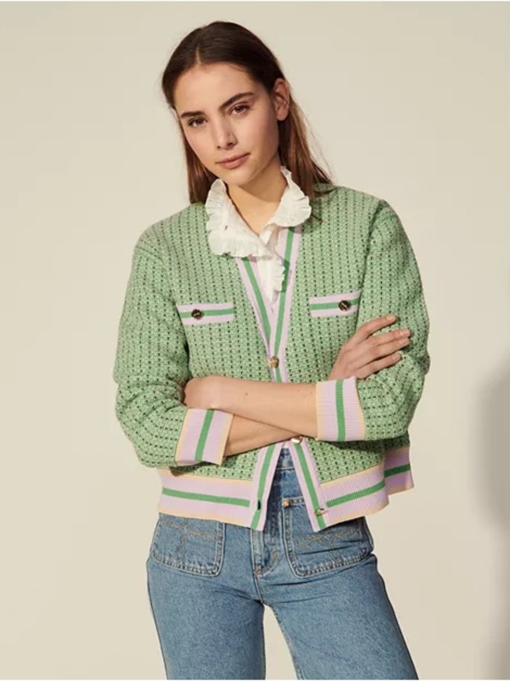 Sandro Paris Cropped Brandy Tweed Cardigan Green Lavender Size 2 Medium